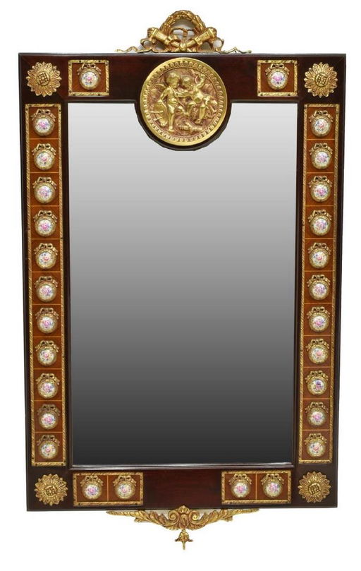 French Gilt Metal Porcelain Plaques Wall Mirror