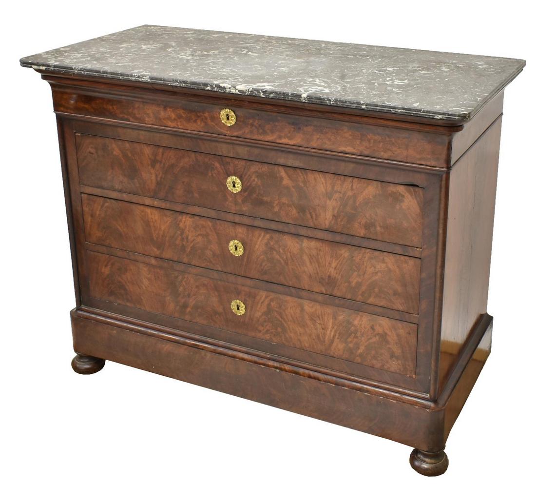 FRENCH CHARLES X MARBLE-TOP FIGURED WOOD COMMODE (1 of 4)