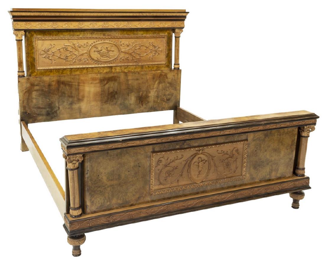 ITALIAN EMPIRE STYLE BURLWOOD BED: Italian Empire style burlwood bed, mid 20th c., Milan-Meda, accented by running ornamentation and foliate motifs, the headboard and footboard carved in relief with scene of birds in nest and flying cu