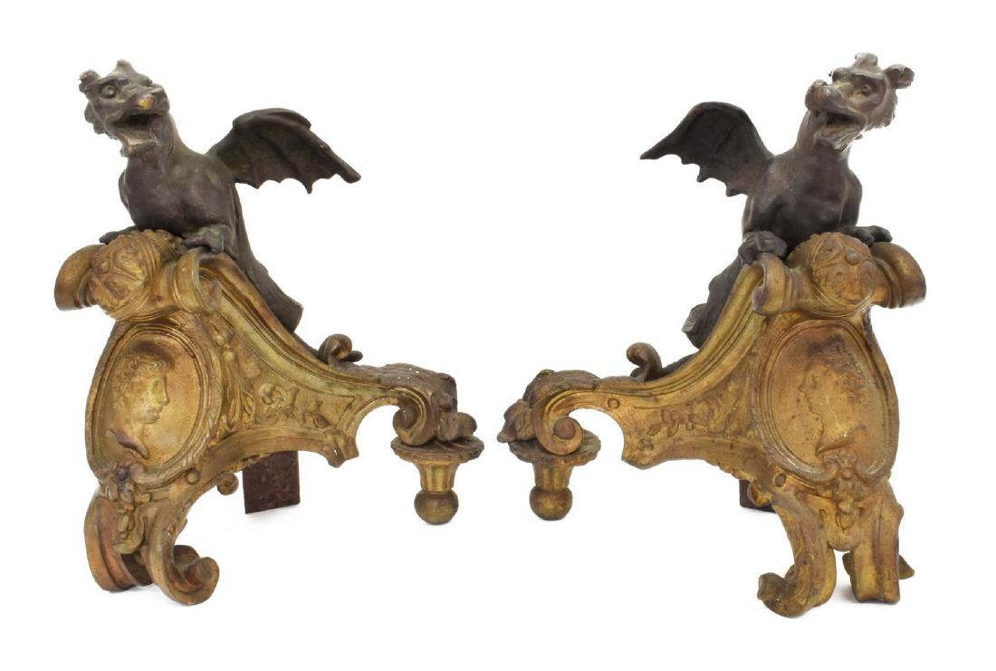 (2) FRENCH GILT BRONZE DRAGON CHENETS ANDIRONS (1 of 4)