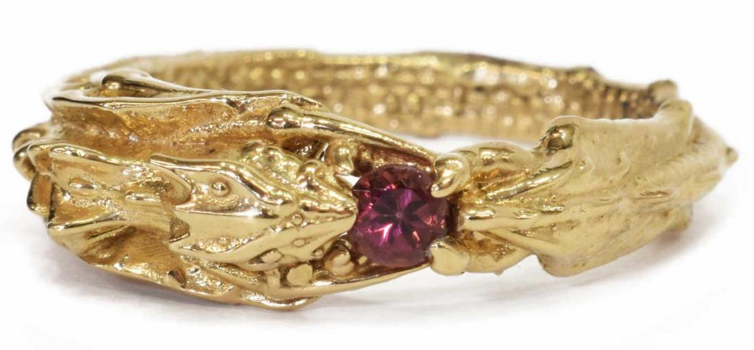ESTATE 12KT YELLOW GOLD DRAGON & RED STONE RING (1 of 4)