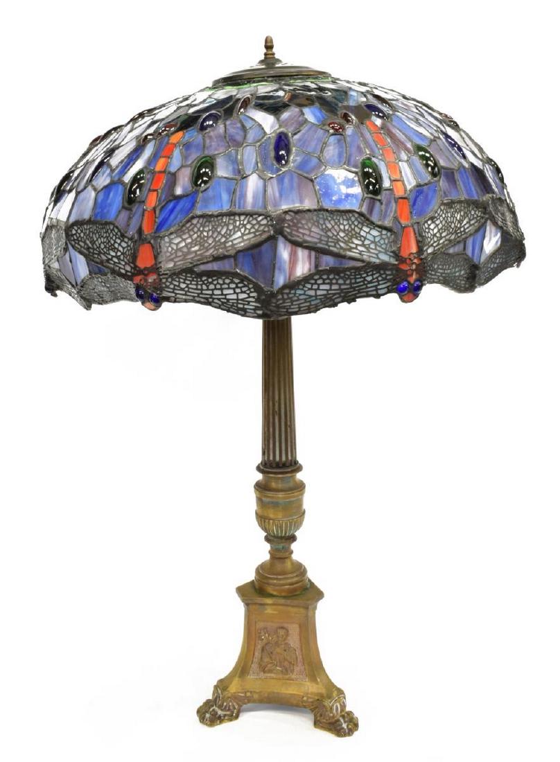 FRENCH GILT METAL TABLE LAMP TIFFANY STYLE SHADE (1 of 3)