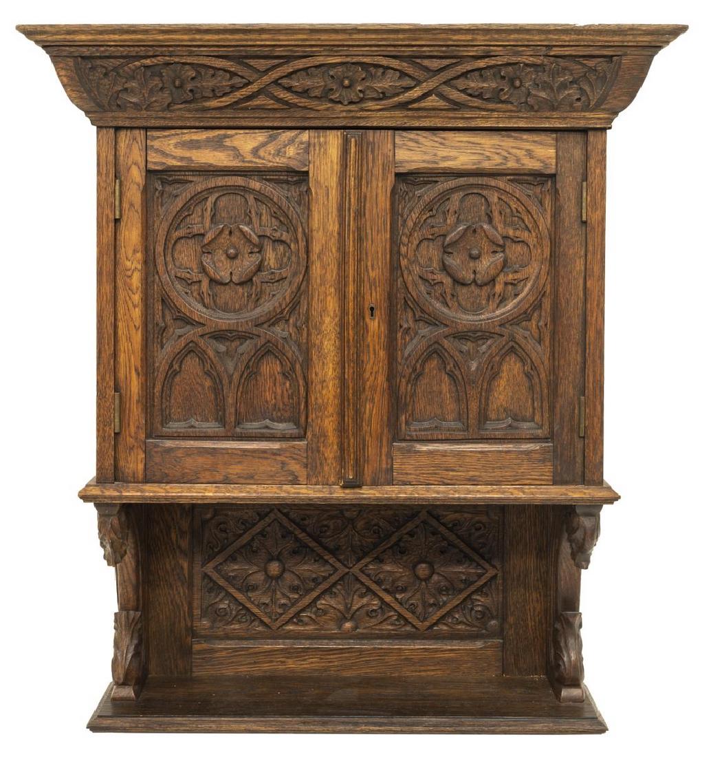 GOTHIC REVIVAL CARVED OAK HANGING CUPBOARD CABINET (1 of 3)