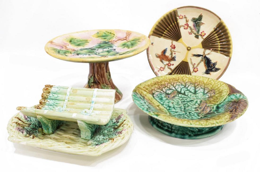 (4) MAJOLICA ASPARAGUS CRADLE, COMPOTE, PLATES (1 of 4)