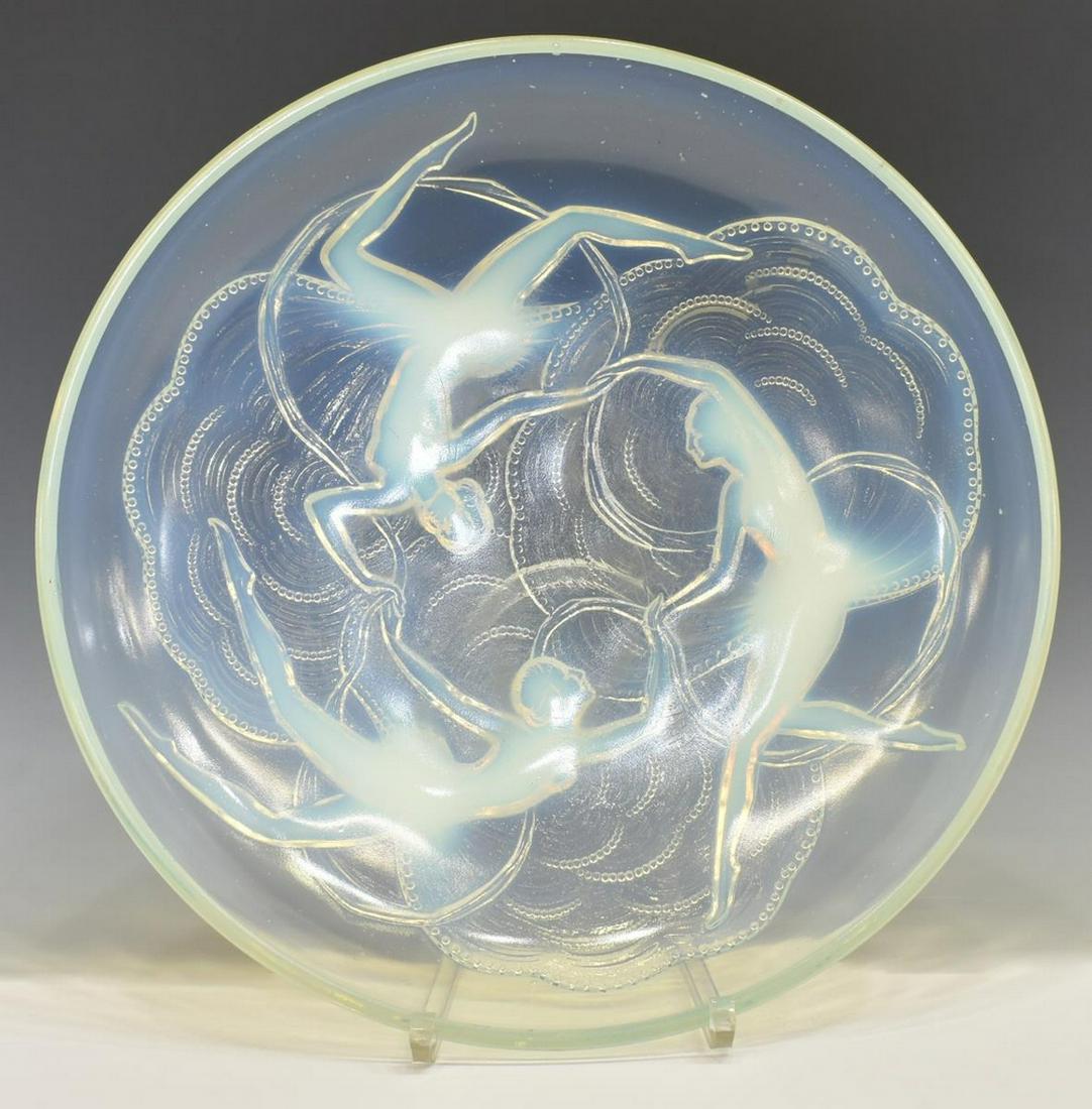 FRENCH ART DECO SABINO OPALESCENT ART GLASS BOWL: French Art Deco opalescent art glass bowl, first half 20th c., attributed Sabino, with stylized female dancers molded in relief, unmarked, approx 3"h, 13.75"diam, 6lbs Start Price: $150.00
