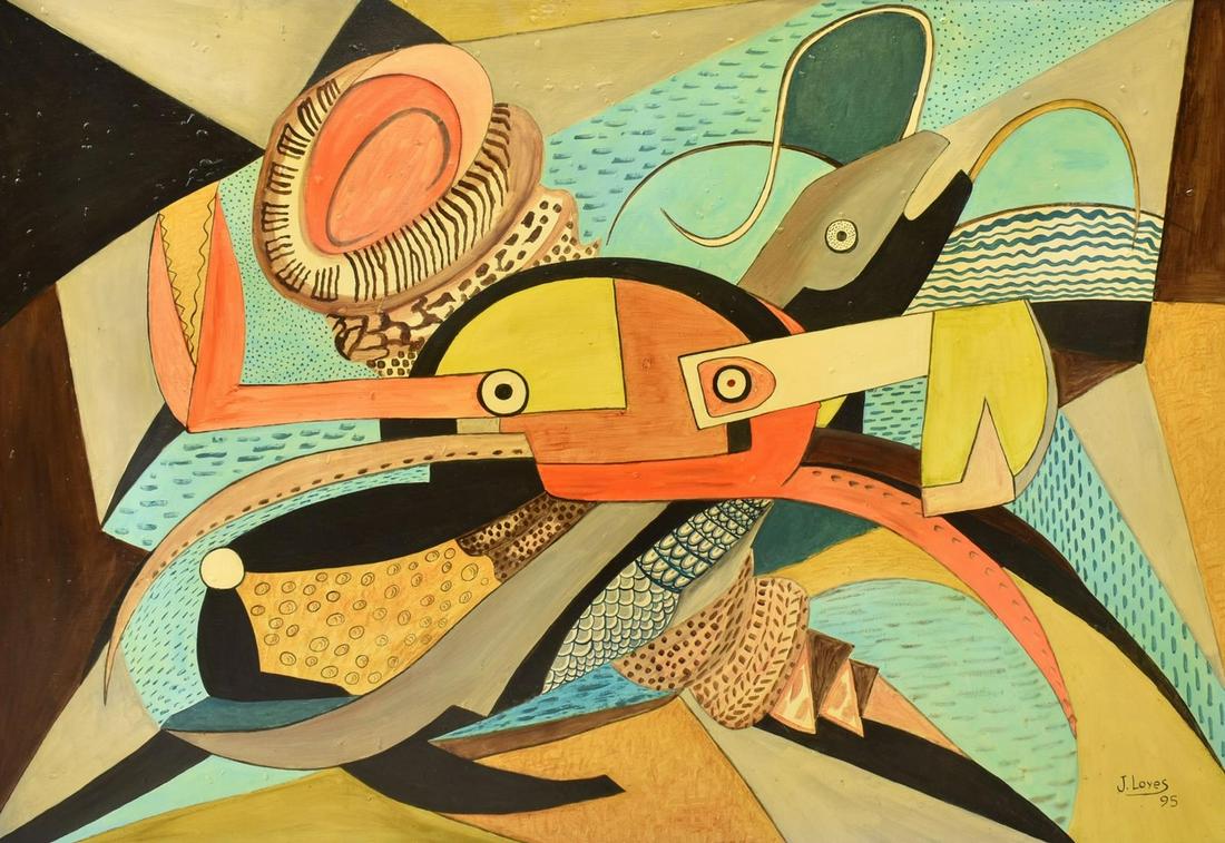 JORGE LOYEZ MODERNIST CUBIST ABSTRACT PAINTING: Framed oil on board painting, "Bottom of the Sea," signed lower right J. Loyez (Jorge Loyez, Texas, 20th/ 21st c.), dated 1995, sight: approx 33.5"h, 47.5"w, overall: approx 35.5"h, 49.5"w, 3.75lbs St