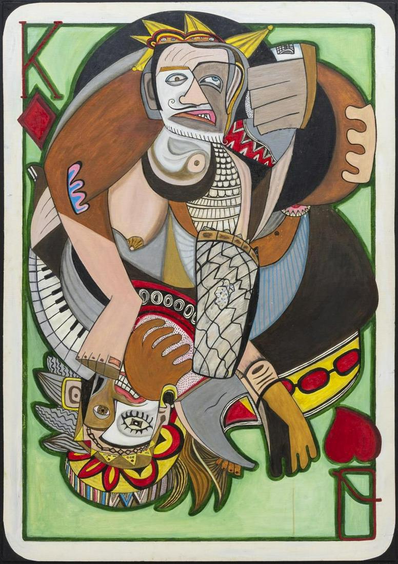 JORGE LOYEZ (TX) MODERNIST CUBIST CARD PAINTING: Framed painting on panel, "Fair Cards", King of Diamonds, Queen of Hearts, signed lower right J. Loyez (Jorge Loyez, Texas, 20th/ 21st c.), sight: approx 42.5"h, 30.5"w, overall: approx 49"h, 37"w, 4.