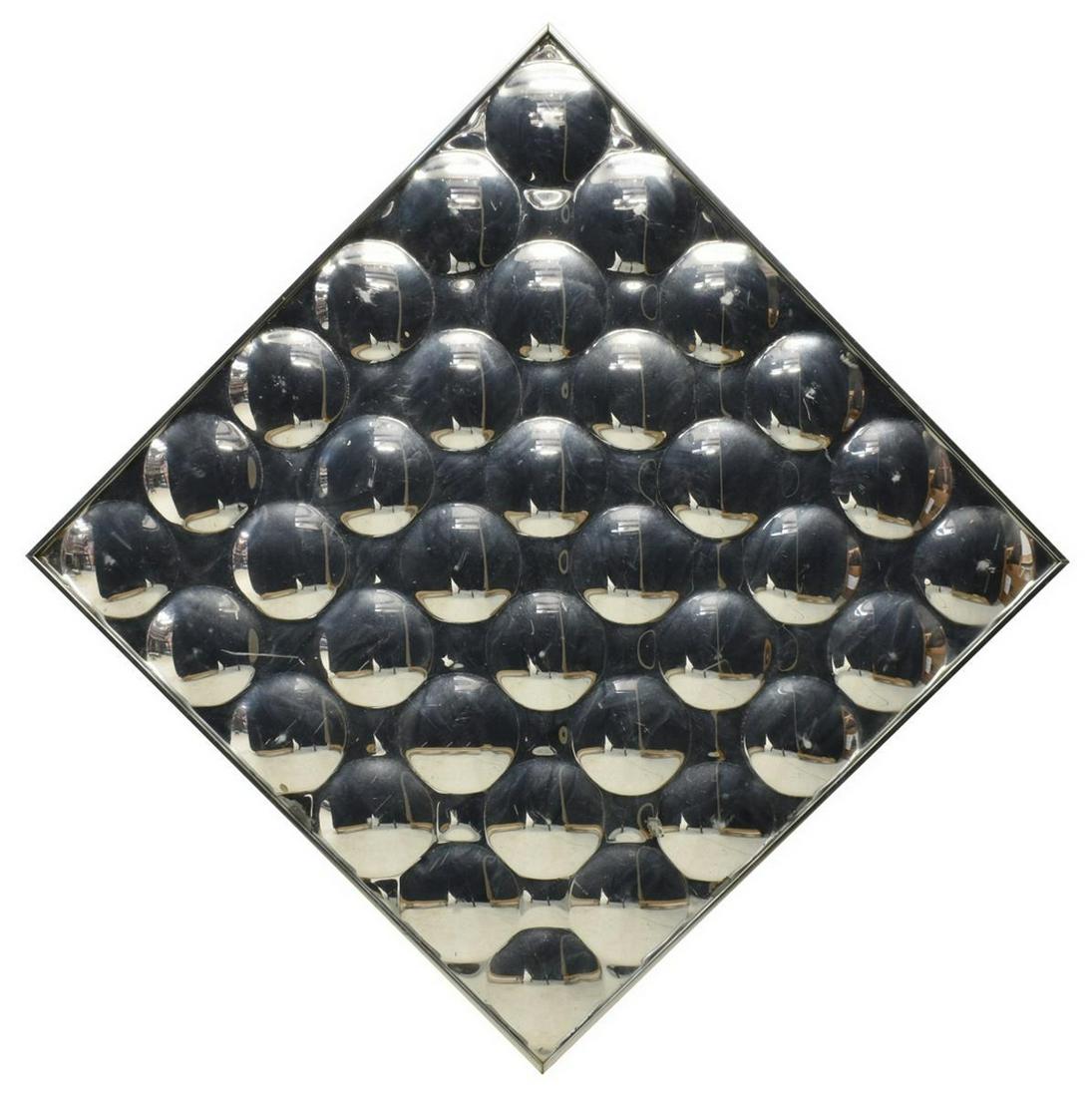 MODERN OP ART CONVEX BUBBLE MIRROR, C.1970s: Modern Op Art convex bubble mirror, c.1970s, attributed to Turner Designs, thirty-six bubble design, some loss to metallic finish, overall: approx 36.25"h, 36.25"w, 8.75lbs Start Price: $150.00