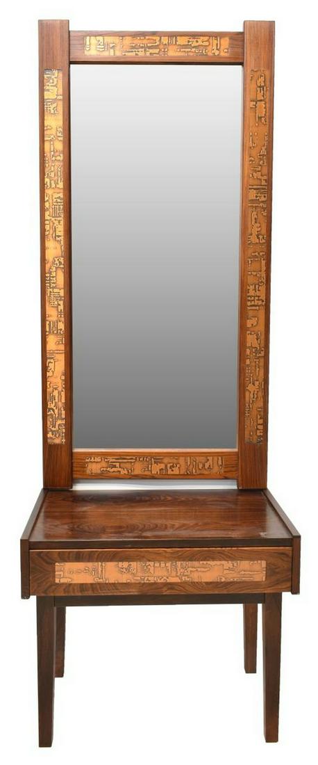 DANISH MID-CENTURY MODERN HALL TABLE & MIRROR: Danish mid-century modern rosewood hall table and mirror, c.1960s, each having running ornamentation of worked copper throughout, table with rectangular top above single drawer, rising on squared tape