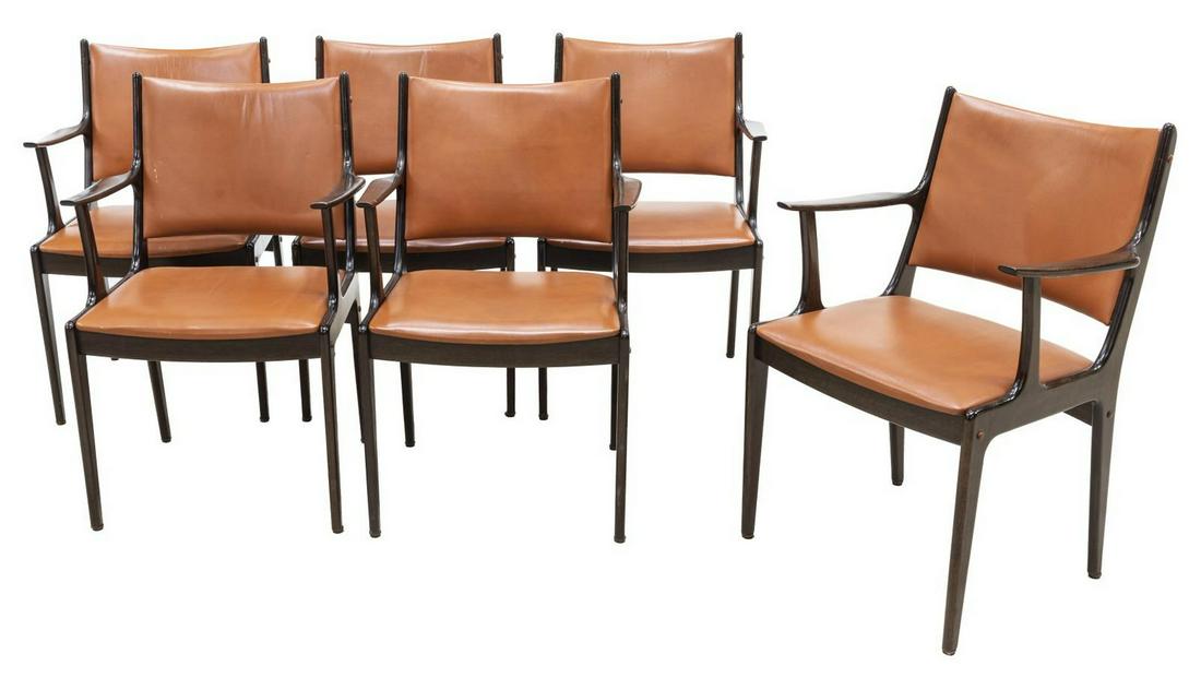 (6) DANISH MID-CENTURY MODERN ARM CHAIRS: (lot of 6) Danish mid-century modern arm chairs, c.1960s, design attributed to Johannes Andersen for Uldum Mobelfabrik, rising on tapered legs, each retaining manufacturer's tag, approx 33.75"h, 22.25