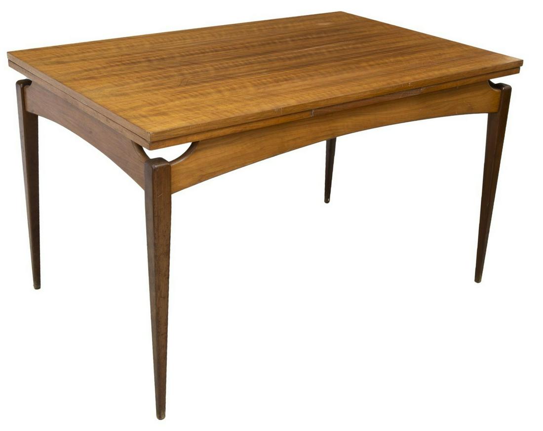 MID-CENTURY MODERN TEAK EXTENSION DINING TABLE: Mid-century modern teak extension dining table, c.1950s, Hohnert, rectangular draw leaf table, rising on tapered legs, retaining label under tabletop, approx 30"h, 49.5"w, 31.5"d, extended: 84"w Start