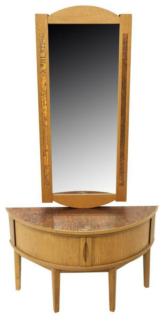 DANISH MID-CENTURY MODERN CONSOLE TABLE & MIRROR: Danish mid-century modern oak hall table and mirror, c.1960s, hanging mirror, atop demilune table with worked copper tabletop, above sliding doors, rising on square tapered legs, mirror: approx 41"h, 