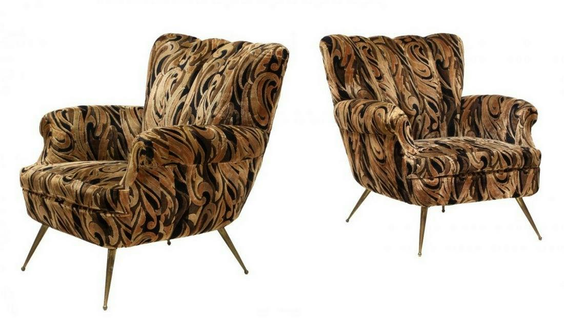 (2) ITALIAN MID-CENTURY MODERN ARMCHAIRS: (pair) Italian mid-century modern upholstered armchairs, c. 1950s, the fluted cushioned back over c-scroll arms, in brown and black chenille upholstery, rising on tapered brass legs, 32"h, 30"w, 30"d 