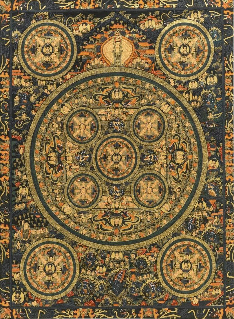 FRAMED TIBETAN BUDDHIST MANDALA THANGKA PAINTING: Framed Tibetan Buddhist mandala thangka (painting on fabric), 21st c., depicting various bodhisattvas and deities in radiating circles, not examined out of frame, 31"h, 24"w, frame: 40.25"h, 33.25"w, 