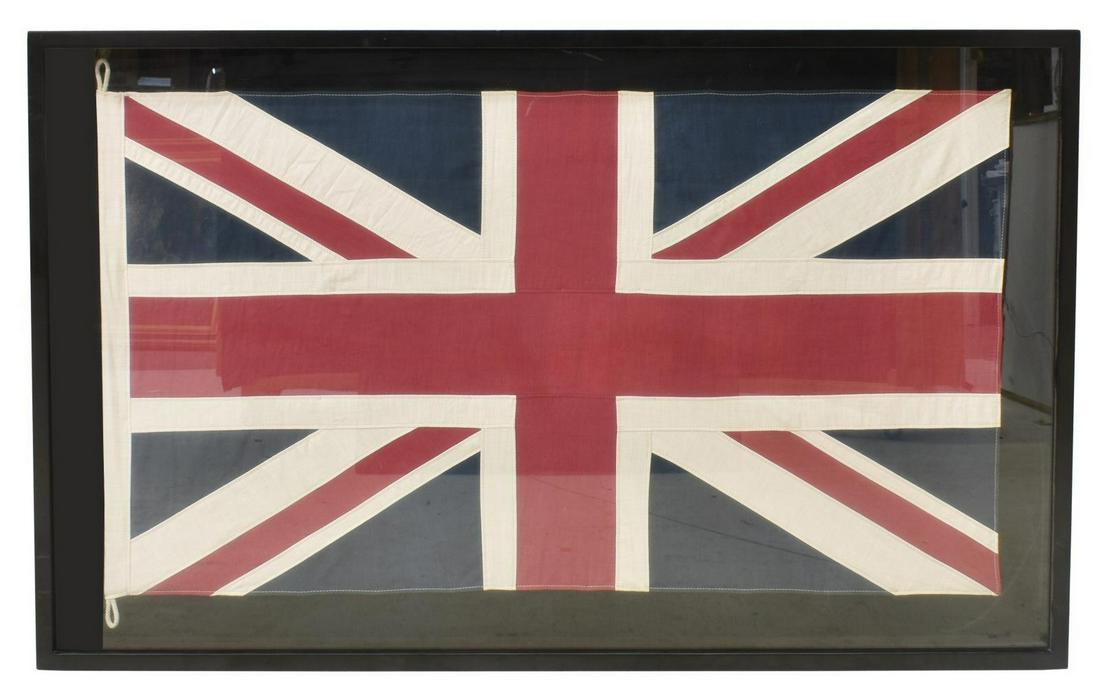 SHADOWBOX FRAMED UNITED KINGDOM UNION JACK FLAG: Shadowbox framed Union Jack flag, late 20th c., flag: approx 28.25"h, 51.5"w, overall: approx 35.5"h, 59.25"w, 47.5lbs Start Price: $80.00