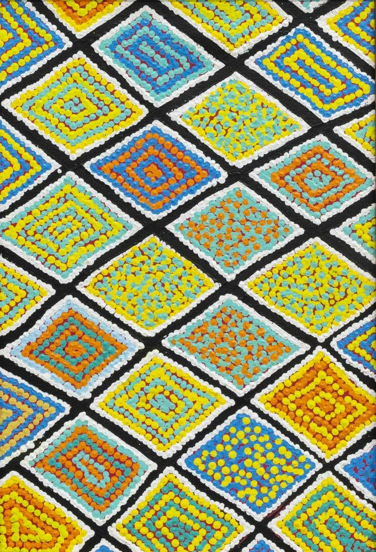 ABORIGINAL DOT ART MODERN DESIGN PAINTING: Framed aboriginal dot painting, Alice Springs, Australia, a series of rectangles with white borders and various color dots, unsigned, not examined out of frame, sight: 17"h, 11.5"w, overall: 22.75"h, 