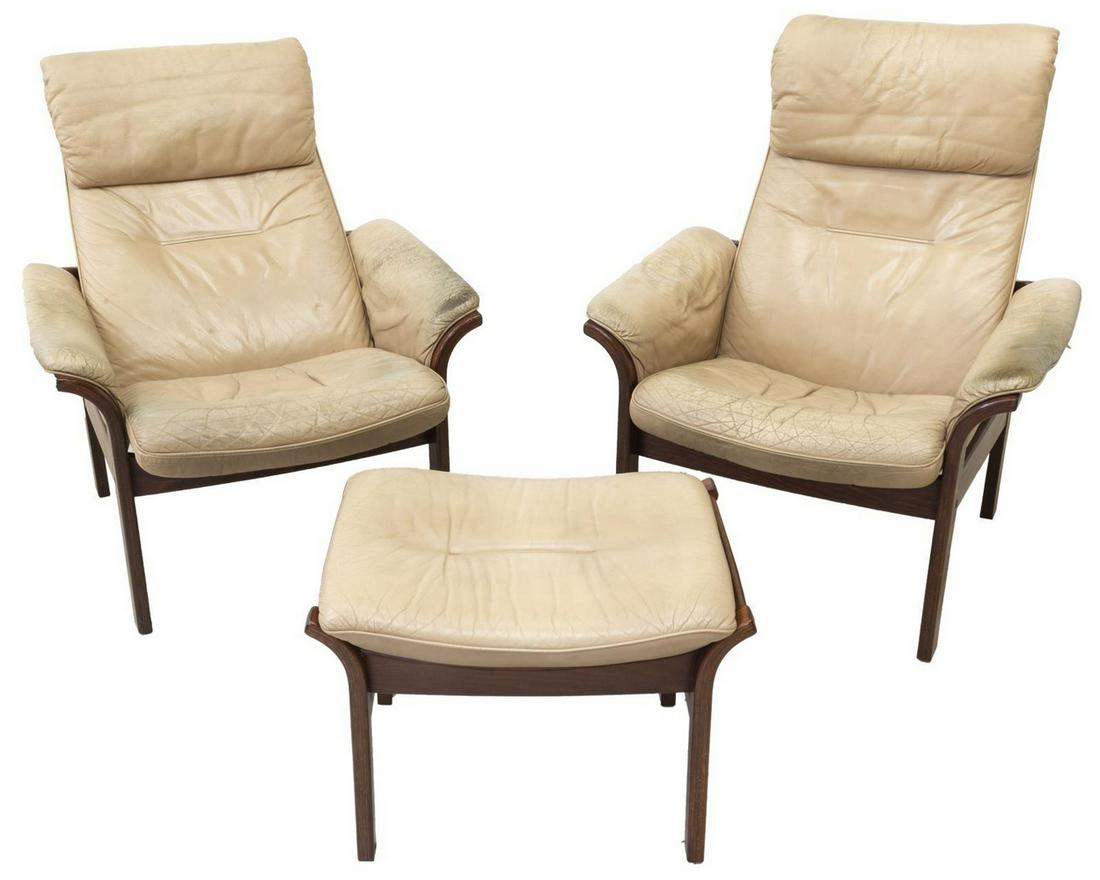 (3) G MOBEL LEATHER RECLINING ARMCHAIRS, FOOTSTOOL: (lot of 3) Swedish modern seating group, c.1960s-1970s, G Mobel, including: (2) reclining armchairs, with padded armrests, back and seat cushion, cracking and stains to leather as pictured, G Mobel ma