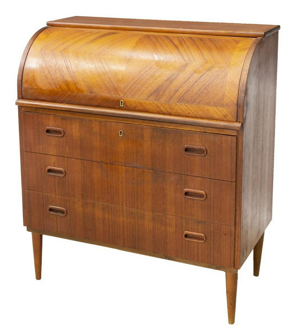 SWEDISH MID-CENTURY MODERN TEAK BUREAU DESK: Swedish mid-century modern teak bureau desk, c.1950s, manufactured by Markaryds Mobelindustri, having roll top opening to three storage areas, two drawers and pull out writing surface, three exterior