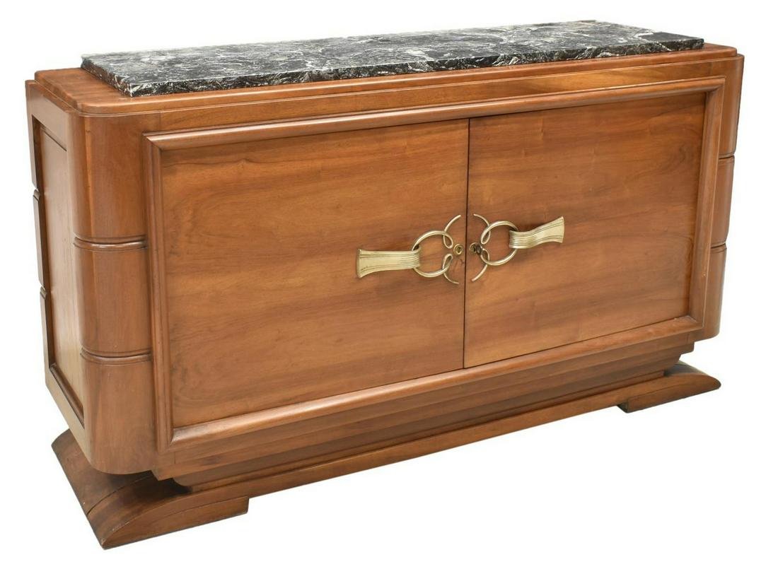 FRENCH ART DECO MARBLE-TOP WALNUT SIDEBOARD: French Art Deco marble-top walnut sideboard, c.1930s, the top having marble insert, double-door cabinet opening to interior fitted with dual drawers and single shelf, accented by silver-tone hardware,