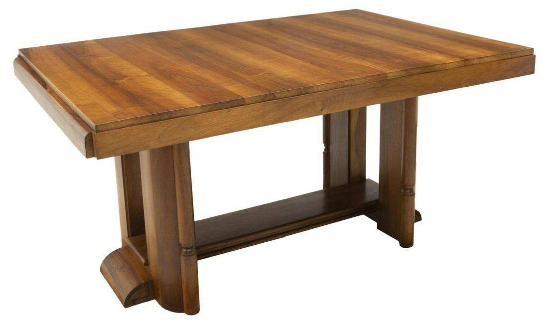 FRENCH ART DECO WALNUT EXTENSION DINING TABLE: French Art Deco extension walnut dining table, c.1930s, having rectangular top with stepped edge, rising on stylized legs with cross stretcher, approx 29"h, 58.5"w, 29.25"d, extended: approx 29"h, 87.