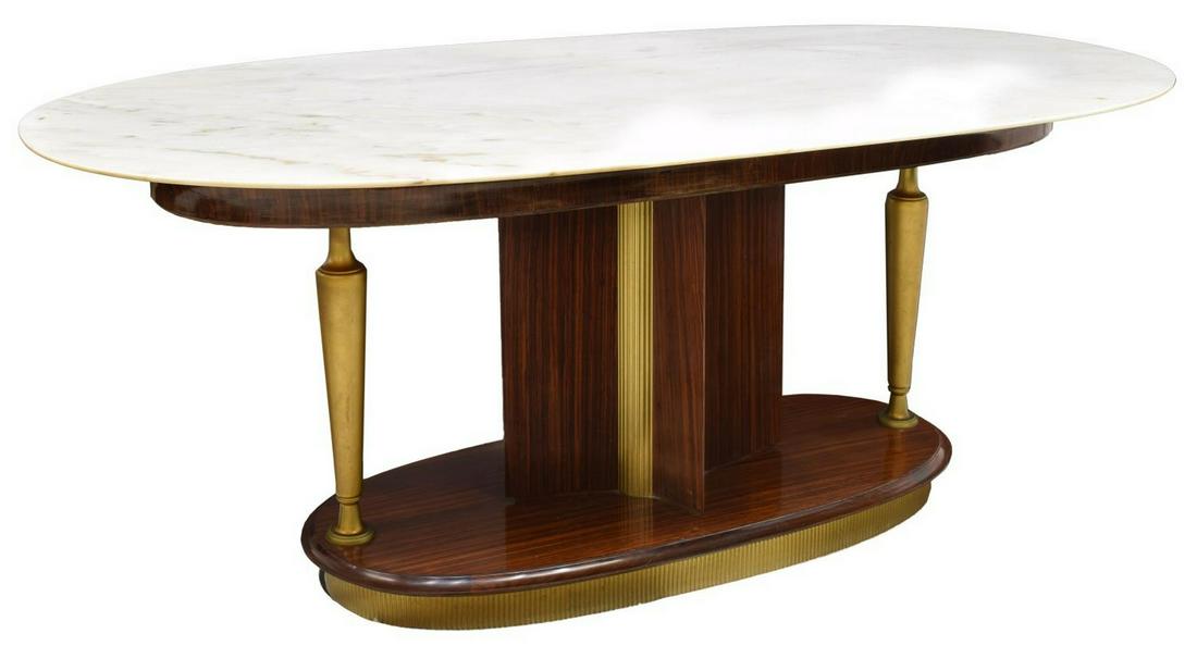 ESPOSIZIONE MOBILI CANTU MODERN MARBLE-TOP TABLE: Italian mid-century modern dining table, c.1950s, design attributed to Palo Buffa (Italy, 1903-1970) for Esposizione Mobili Cantu, oval marble top, on rosewood base, having tripartite standard, with g