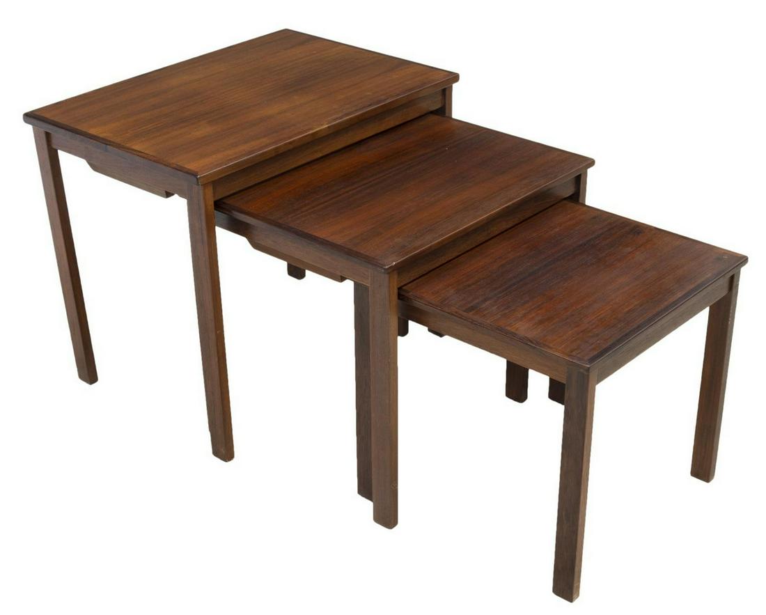 DANISH MID-CENTURY MODERN ROSEWOOD NESTING TABLES: Danish mid-century modern rosewood nesting tables, c.1960s, rectangular top rising on block legs, largest: approx 19.75"h, 23.25"w, 16"d Start Price: $100.00