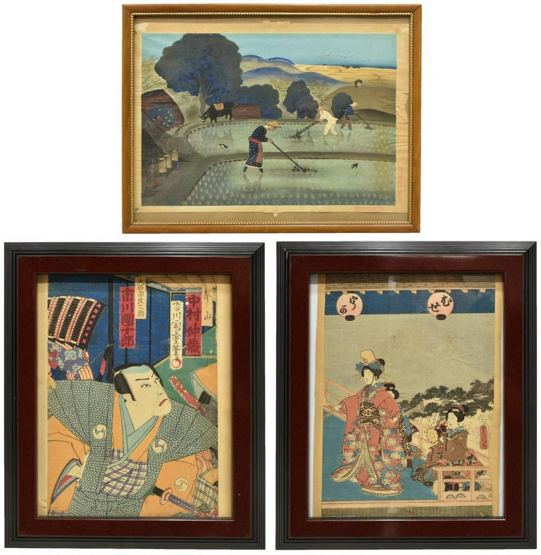 (3) JAPANESE UKIYO-E WOODBLOCK PRINTS, BAKUFU OHNO: (lot of 3) Framed Japanese ukiyo-e woodblock prints, including: (1) Bakufu Ohno (1888-1976), "Rice Weeding," tears at right margin, sheet: approx 10 5/8"h, 15 5/8"w, overall: approx 13"h, 17"w, (1) Mo