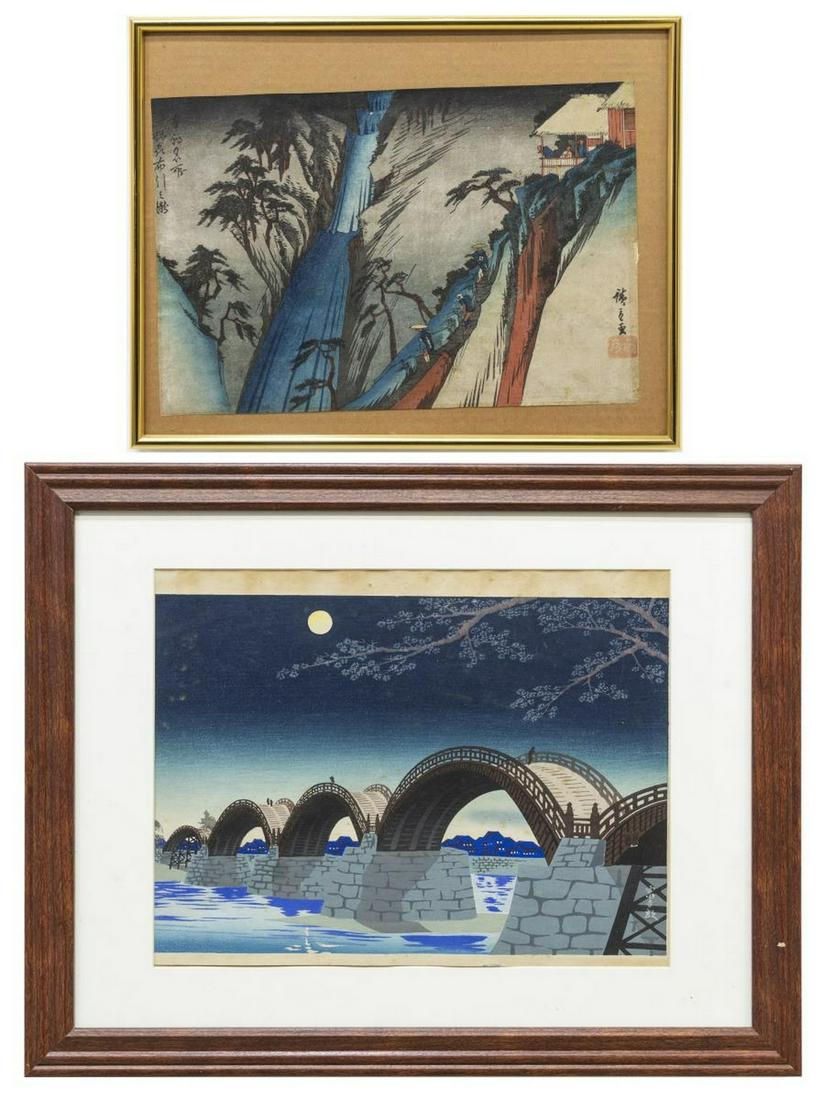 (2) JAPANESE UKIYO-E, TOMIKICHIRO & HIROSHIGE: (lot of 2) Framed Japanese ukiyo-e woodblock prints, including: (1) Tomikichiro Tokuriki (1902-1999), "Suwa Kintaikyo Bridge," from the series Scenes of Sacred Places and Historical Landmarks, sight: 