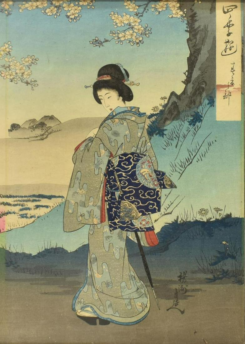 TOYOHARA CHIKANOBU UKIYO-E SONG OF FOUR SEASONS: Framed Japanese ukiyo-e woodblock print, Toyohara Chikanobu (1838-1912), "Bijin in Spring," from the series Songs of the Four Seasons, trimmed margins, sheet: approx 14"h, 9.5"w, overall: approx 16.75