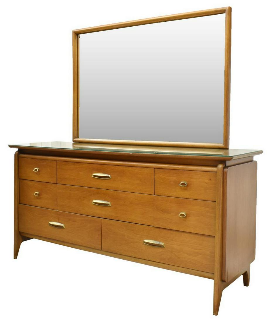MID-CENTURY VAN KOERT DREXEL MIRROR & DRESSER: American mid-century modern chest of drawers, c.1960s, "Projection" by Drexel Furniture, designed by John Van Koert (Canada, 1912-1998), upper framed mirror over glass top, rectangular case fitted wit
