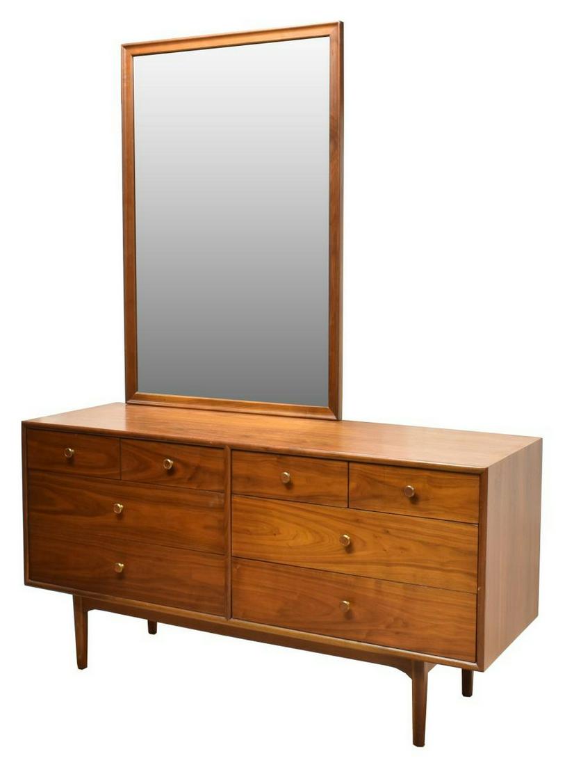 MID-CENTURY DREXEL 'DECLARATION' MIRROR & DRESSER: American mid-century modern chest of drawers, c.1960s, "Declaration" by Drexel Furniture, designed by Kipp Stewart (United States, b.1928), offset framed mirror over rectangular case fitted with eight