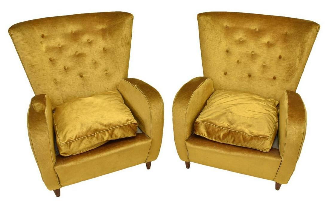2) ITALIAN MID-CENTURY ARMCHAIRS AFTER PAOLO BUFFA: (pair) Italian mid-century modern armchairs, c.1950s, in the manner of Paolo Buffa (Italy, 1903-1970), having yellow velveteen upholstery, buttoned backrest, over removable seat cushion, rising on tap