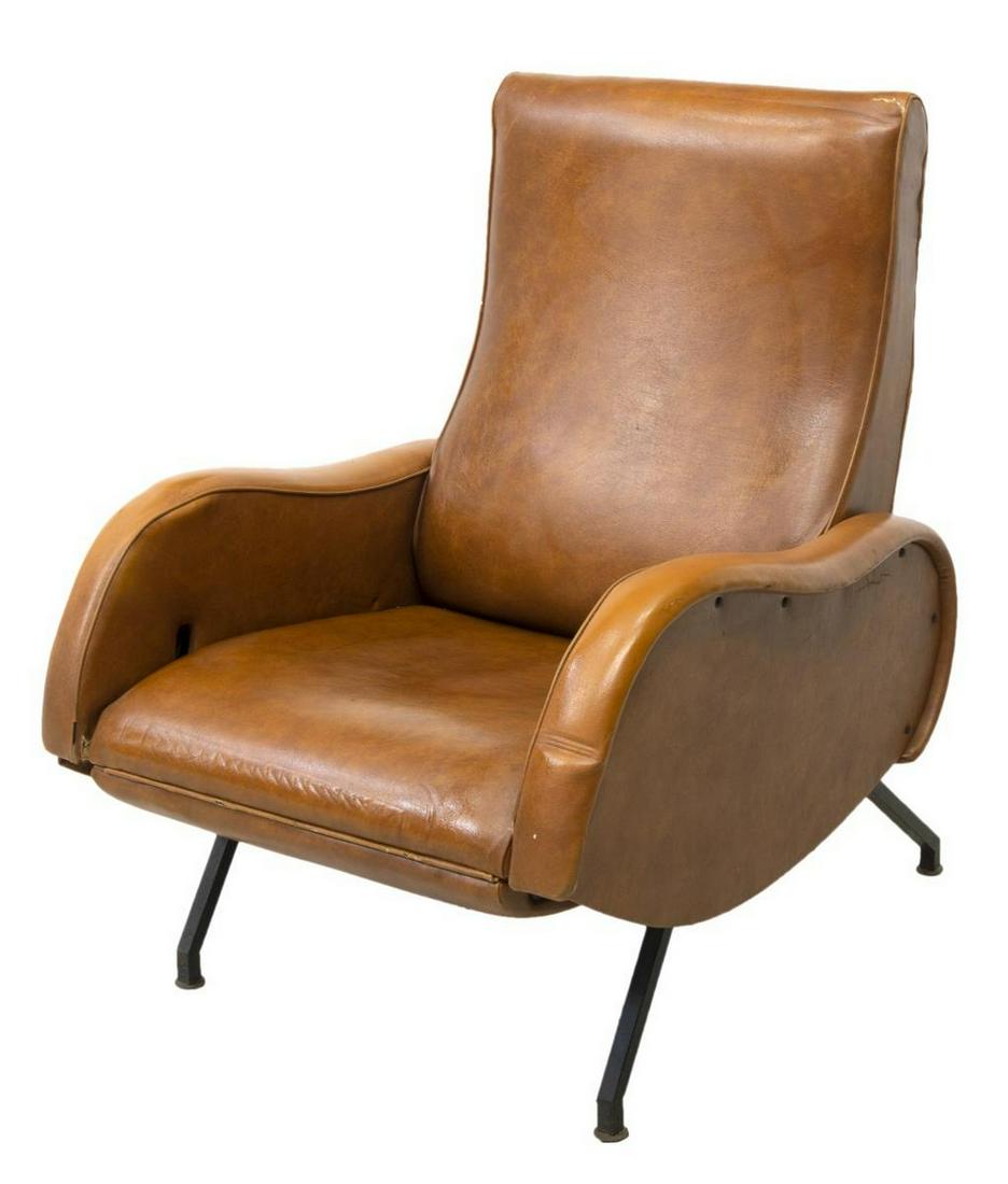 ITALIAN MID-CENTURY RECLINING ARMCHAIR: Italian mid-century modern reclining armchair, c.1960s-1970s, having leather upholstery, accented by brass tacking, rising on four steel legs, some tears to upholstery, approx 37.5"h, 28.5"w, 31"d Sta