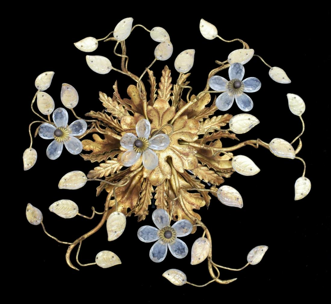 ITALIAN CRYSTAL & GILT METAL 6-LIGHT CEILING LAMP: Italian crystal and gilt metal six-light ceiling lamp, 20th c., having six lights within open antiqued gilt metal frame of foliate shaping, accented by crystals in form of leaves and flowers, in need 