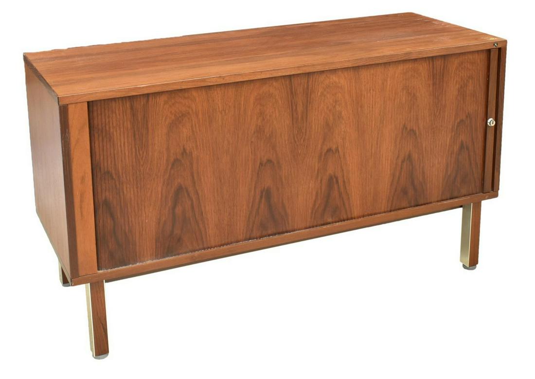 DANISH MID-CENTURY MODERN TAMBOUR DOOR SIDEBOARD: Danish mid-century modern sideboard, c.1960s, rectangular case with sliding tambour door, revealing interior shelf at left side, right side with six plastic trays and two shelves, rising on square leg