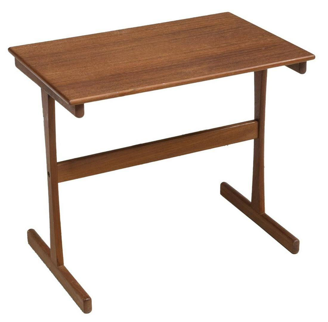 DANISH MID-CENTURY MODERN TEAK SIDE TABLE: Danish mid-century modern teak side table, c.1950s, having rectangular tabletop, rising on stretcher-joined legs, approx 18.75"h, 21.5"w, 14.25"d Start Price: $80.00