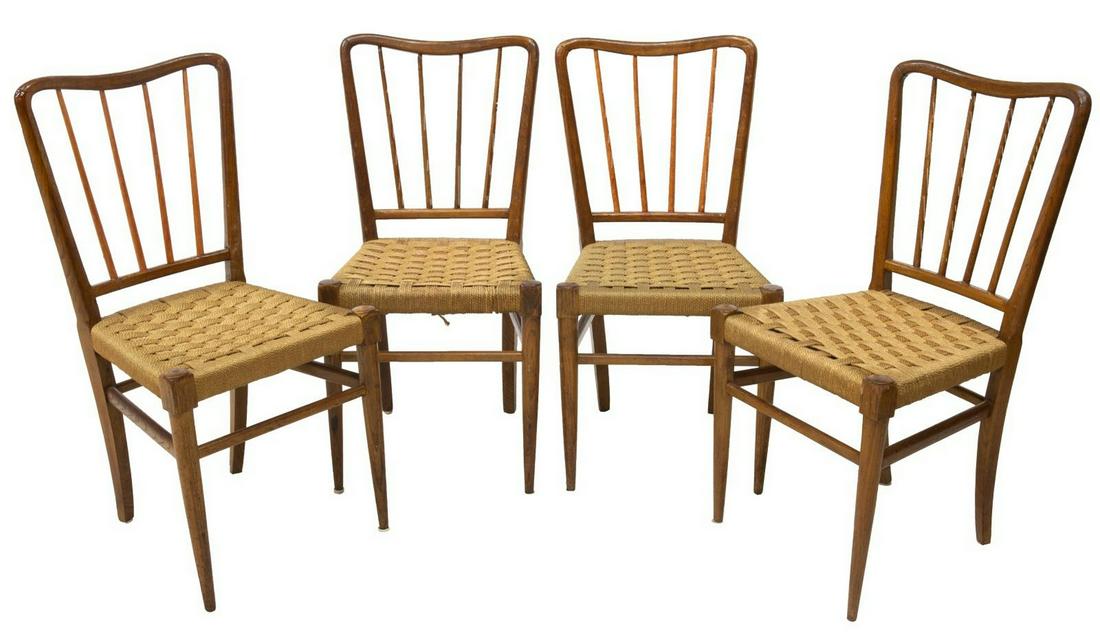 (4) ITALIAN MID-CENTURY CHAIRS MANNER PAOLO BUFFA: (lot of 4) Italian mid-century modern chairs, c.1940s-1950s, in the manner of Paolo Buffa (Italy, 1903-1970), having yoke crest rail, spindled back, over woven cord seat, rising on stretcher-joined ta