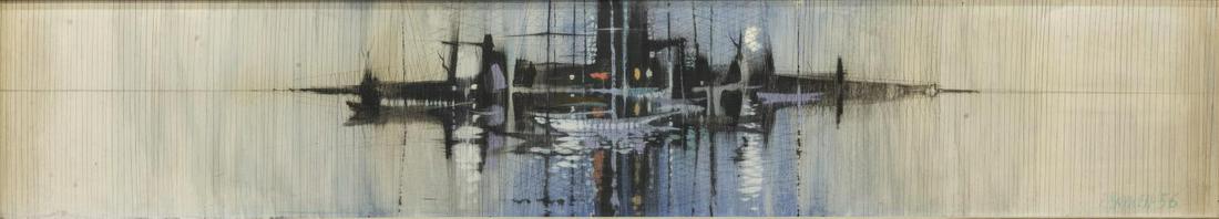 PAUL MAXWELL (1925-2015) MODERN ABSTRACT PAINTING: Framed acrylic painting on board, Untitled Abstract Composition, signed P. Maxwell (Paul E. Maxwell, Texas, California, 1925-2015), dated 1956, sight: approx 17.25"h, 95.5"w, overall: approx 18.75"h,