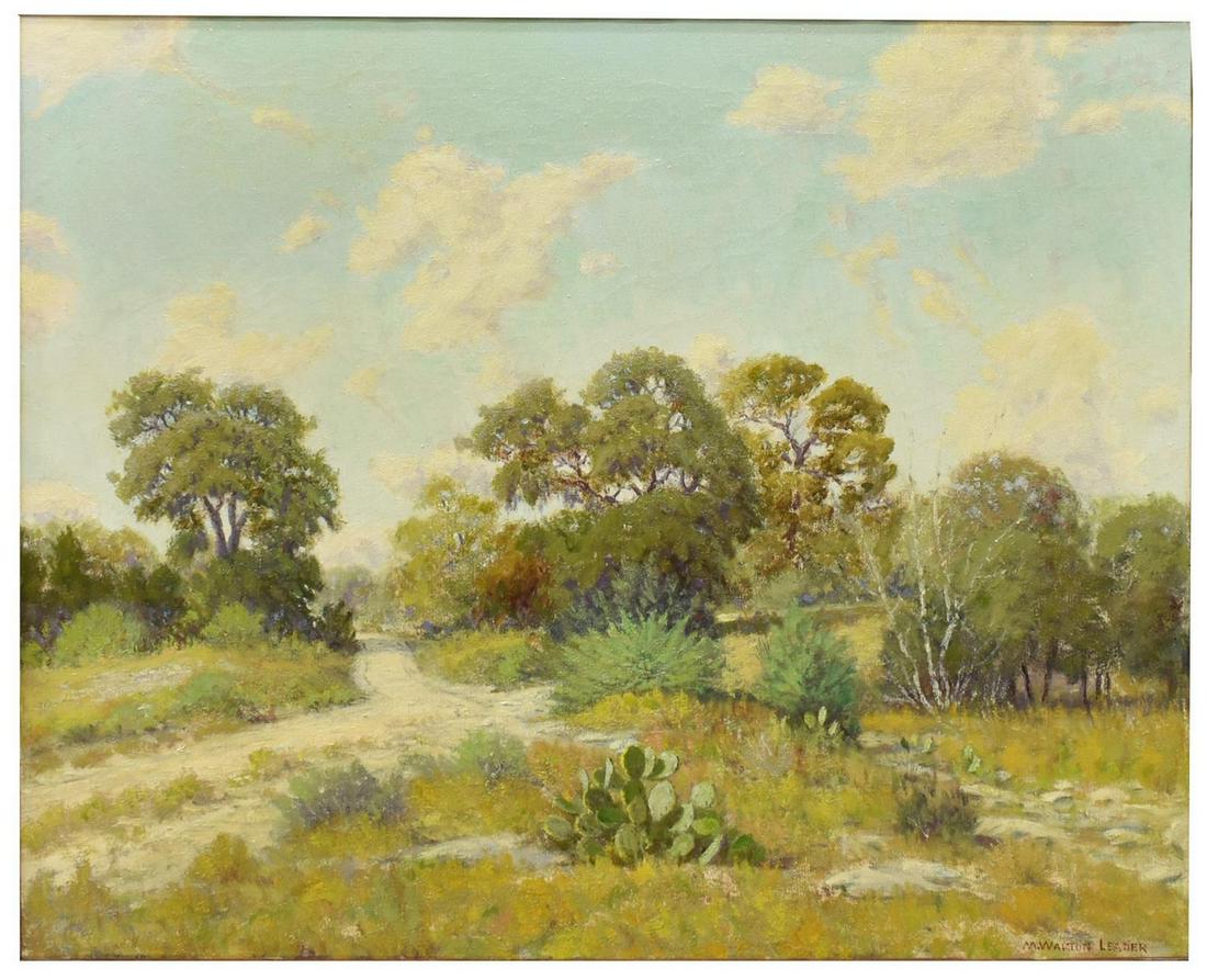 MORRIS WALTON LEADER (D.1966) ZILKER PARK PAINTING: Framed oil on canvas painting, "Side Road," signed lower right M. Walton Leader (Morris Walton Leader, Texas, 1877-1966), titled verso with notation scene in Zilker Park, Austin, sight: approx 23.75"h