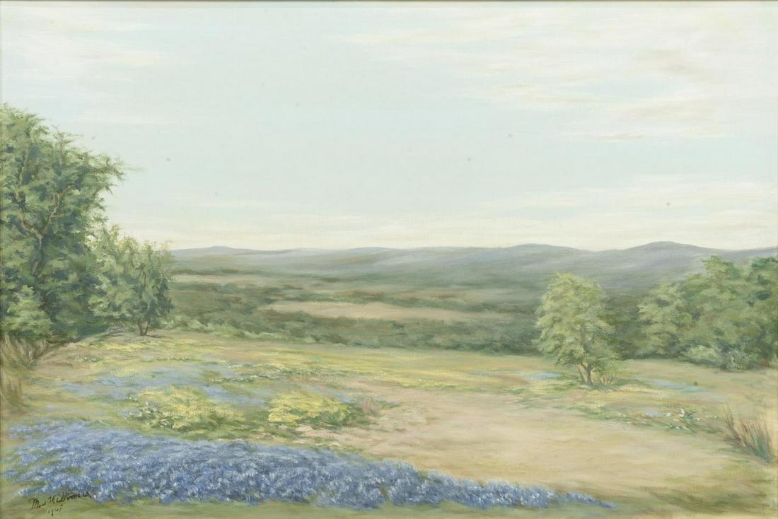 TEXAS BLUEBONNET LANDSCAPE PAINTING, SIGNED: Framed oil on canvas painting, Texas Bluebonnet Landscape, signed lower left Mae Willimeck (?), dated 1967, sight: approx 23.5"h, 35.5"w, overall: approx 27.5"h, 36.5"w, 6.75lbs Start Price: $100.00