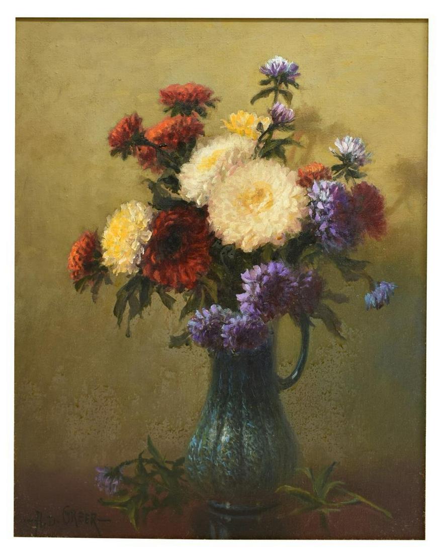 A.D. GREER (1904-1998) FLOWERS IN GREEN VASE: Framed oil painting on canvas, Flowers in a Pitcher, signed lower left A.D. Greer (Aubrey Dale Greer, Oklahoma, Texas, 1904- 1998), canvas needs cleaning, sight: 19.25"h, 15.25"w, overall: 25.5"h, 21.