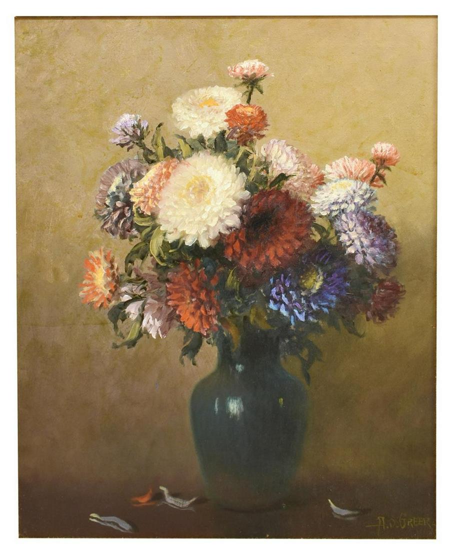 A.D. GREER (1904-1998) STILL LIFE WITH FLOWERS: Framed oil painting on canvas, Still Life with Flowers, signed lower right A.D. Greer (Aubrey Dale Greer, Oklahoma, Texas, 1904-1998), canvas need cleaning, sight: 19.25"h, 15.25"w, overall 25.25"h, 2