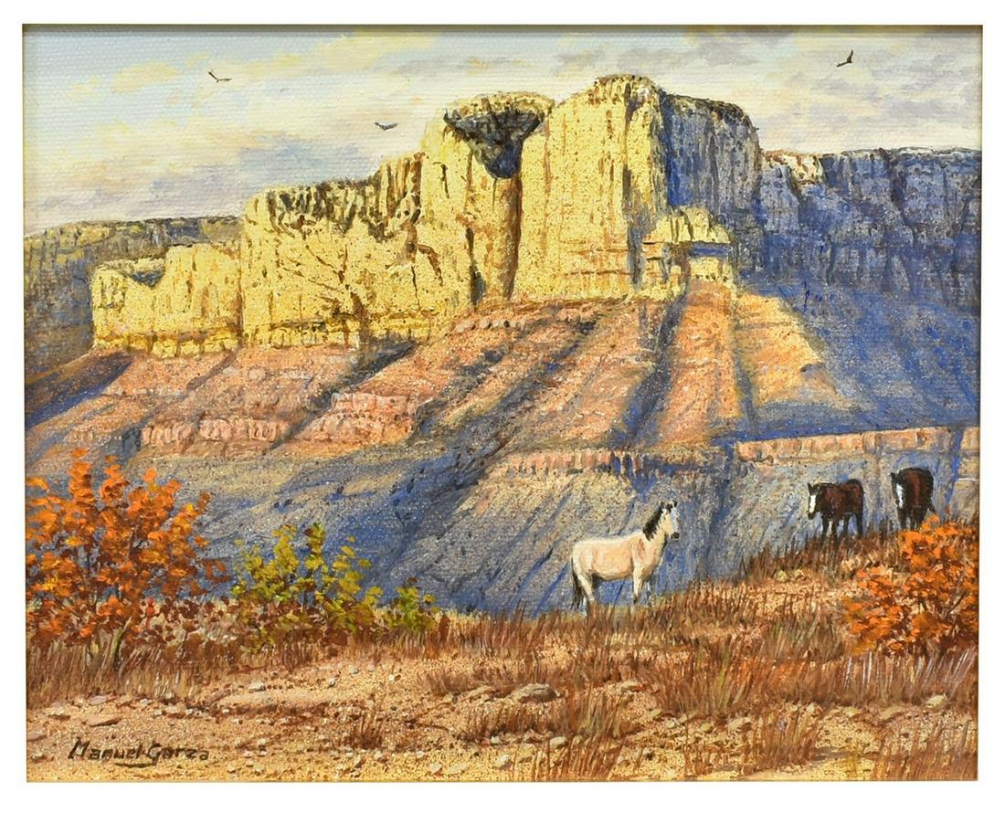 MANUEL GARZA (B.1940) 'EL CAPITAN - HORSES': Framed oil on canvas painting, "El Capitan - Horses," signed lower left Manuel Garza (Texas, b.1940), signed again at back of canvas, printed label with title, sight: approx 6.5"h, 8.5"w, overall: app