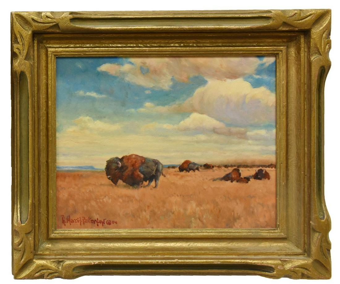 2)RICK MORRIS PATTERSON (1958), BUFFALO & FLOWERS: (lot of 2) Framed oil paintings on board by Rick Morris Patterson (Robert (RIck) Morris Patterson, Texas, Oregon, b. 1958): (1) Buffalo Range, sight: 7"h, 9"w, overall: 10.75"h, 12.75"w; (1) "Phlox & 