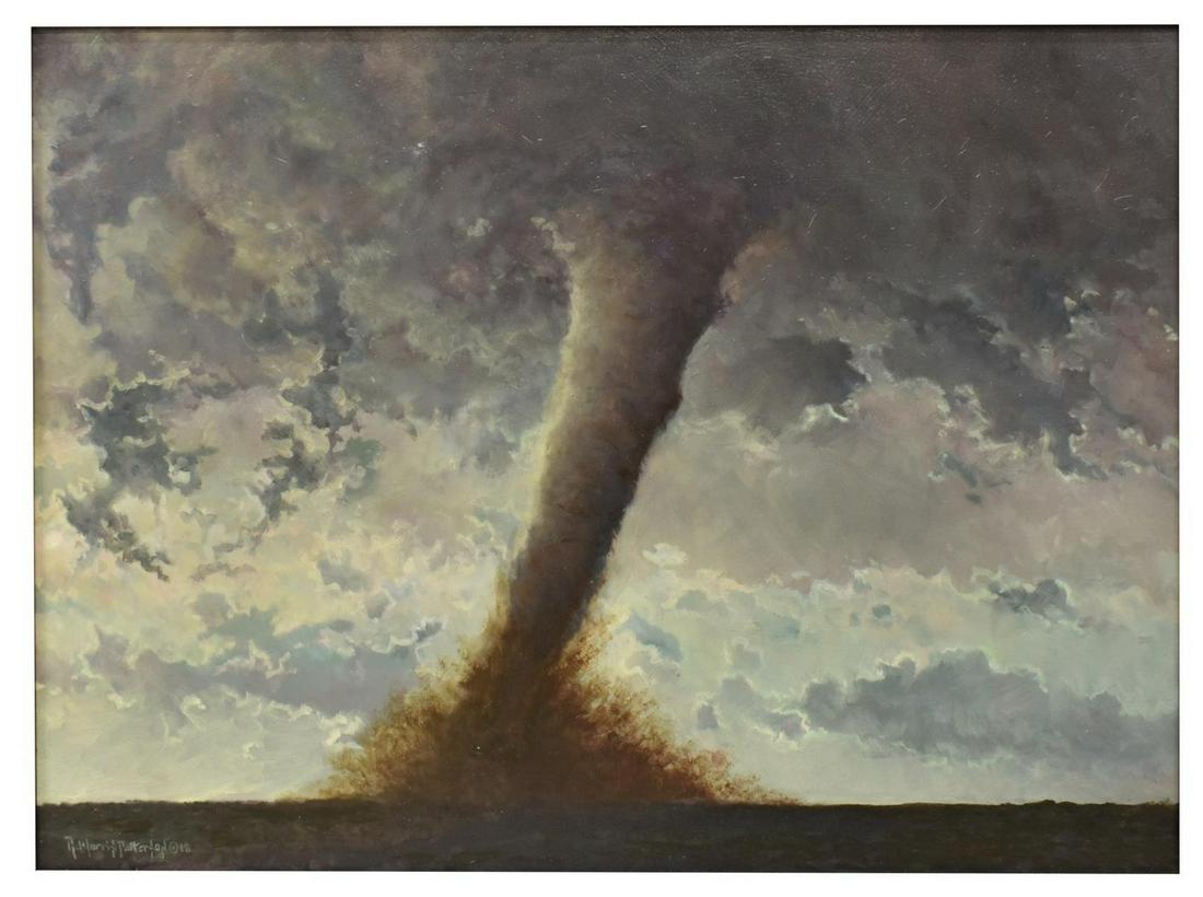 RICK MORRIS PATTERSON (B.1958) TORNADO PAINTING: Framed oil painting on canvas, Tornado, signed, dated 2018 lower left R. Morris Patterson (Robert (Rick) Morris Patterson, Texas, Oregon, b. 1958), sight: 17.25"h, 23.25"w, overall: 21"h, 27"w, 3.8lbs