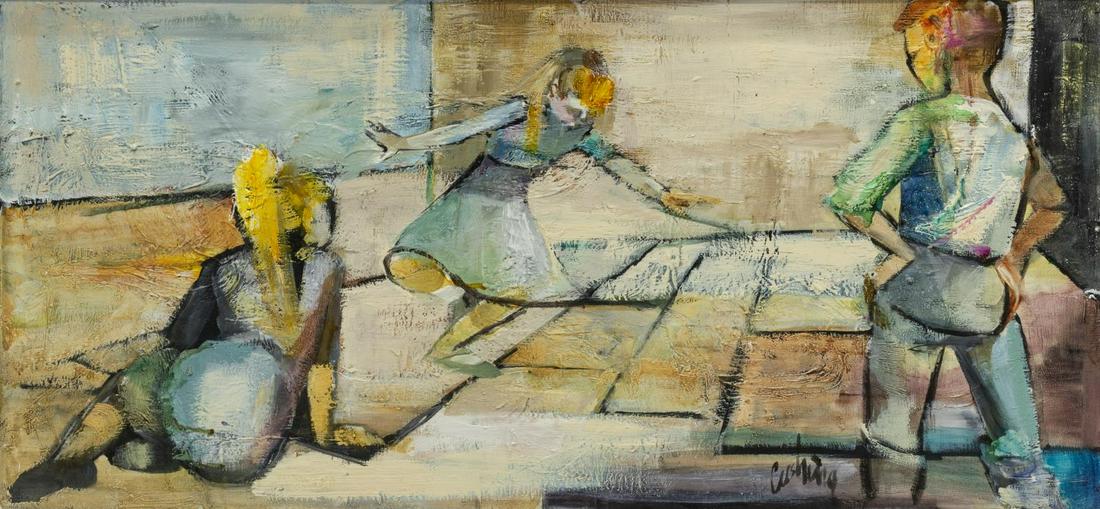 ANN CUSHING GANTZ (TX, 1935-2012), THE DANCE: Framed oil on masonite painting, The Dance, signed lower right Cushing (Ann Cushing Gantz, Texas, 1935-2012), sight: approx 14.75"h, 29.75"w, overall: approx 16.5"h, 31.5"w, 4lbs Start Price: $200.00