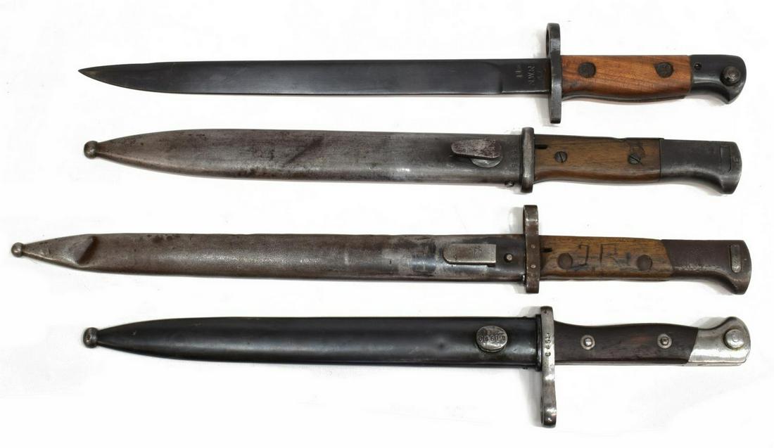 (4) BAYONETS, CHILE, GERMANY, CZECH, INDIA: (lot of 4) Bayonets: (1) Chilean Mauser bayonet, the 10" blade marked at the ricasso OE/WG (OE/WG" indicating Oesterreichsche Waffenfabrik-Gesellschft), the verso side marked with the Chilean crest, s