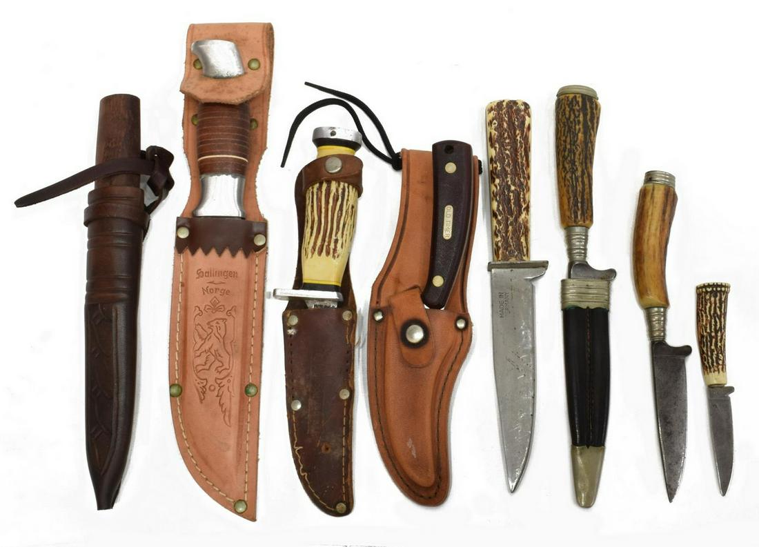(8) FIXED BLADE KNIVES, SOME GERMAN STAG HANDLE: (lot of 8) Fixed blade knives, including: (1) Schrade Old Timer Sharpfinger #152OT, unused with original box; (1) Brusletto, Norway, 6" blade with leather sheath; (1) Jowika, Republic of Ireland, #601
