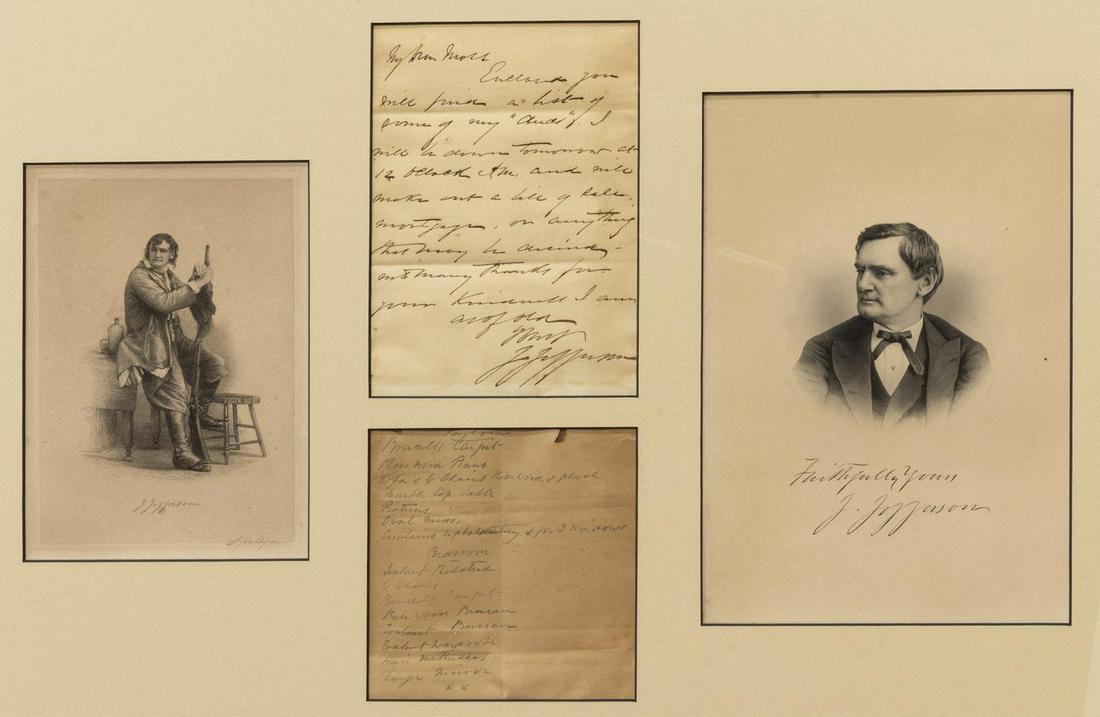 JOSEPH JEFFERSON (1809-1905) ACTOR, WRITTEN LETTER: Framed hand-written letter by American actor Joseph Jefferson (Philadelphia, 1809-1920), including two pictures, at left Jefferson is dressed as a young Rip Van Winkle, a role he continued to star in 