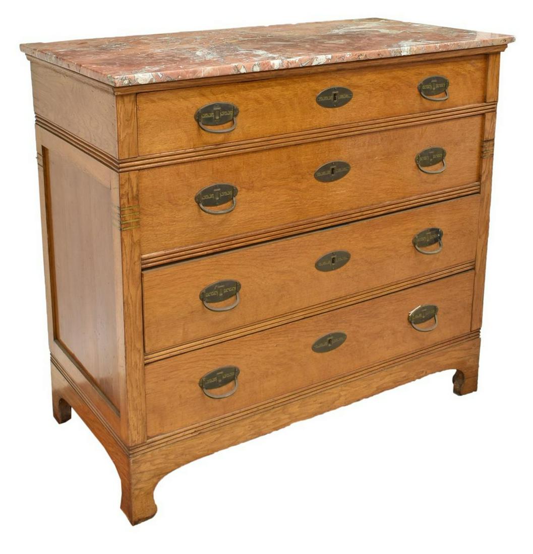 CONTINENTAL ART NOUVEAU MARBLE-TOP OAK COMMODE: Art Nouveau oak commode, early 20th c., having marble top, over case fitted with four drawers, rising on bracket feet, approx 40.25"h, 44"w, 22"d Start Price: $150.00